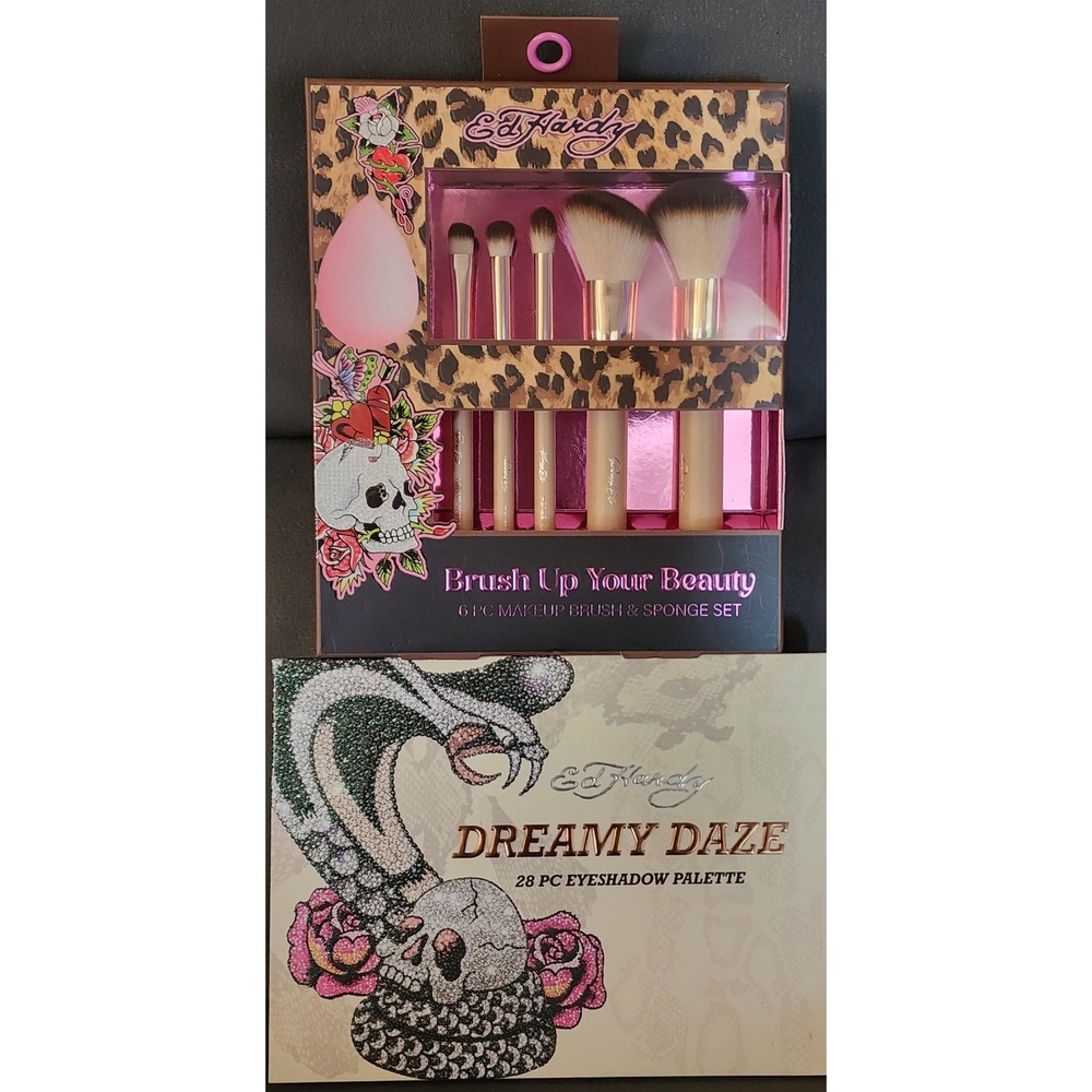 Ed Hardy Dreamy Daze 28 Pc Eyeshadow Palette & 6 Pc Makeup Brush Sponge Set NIB
